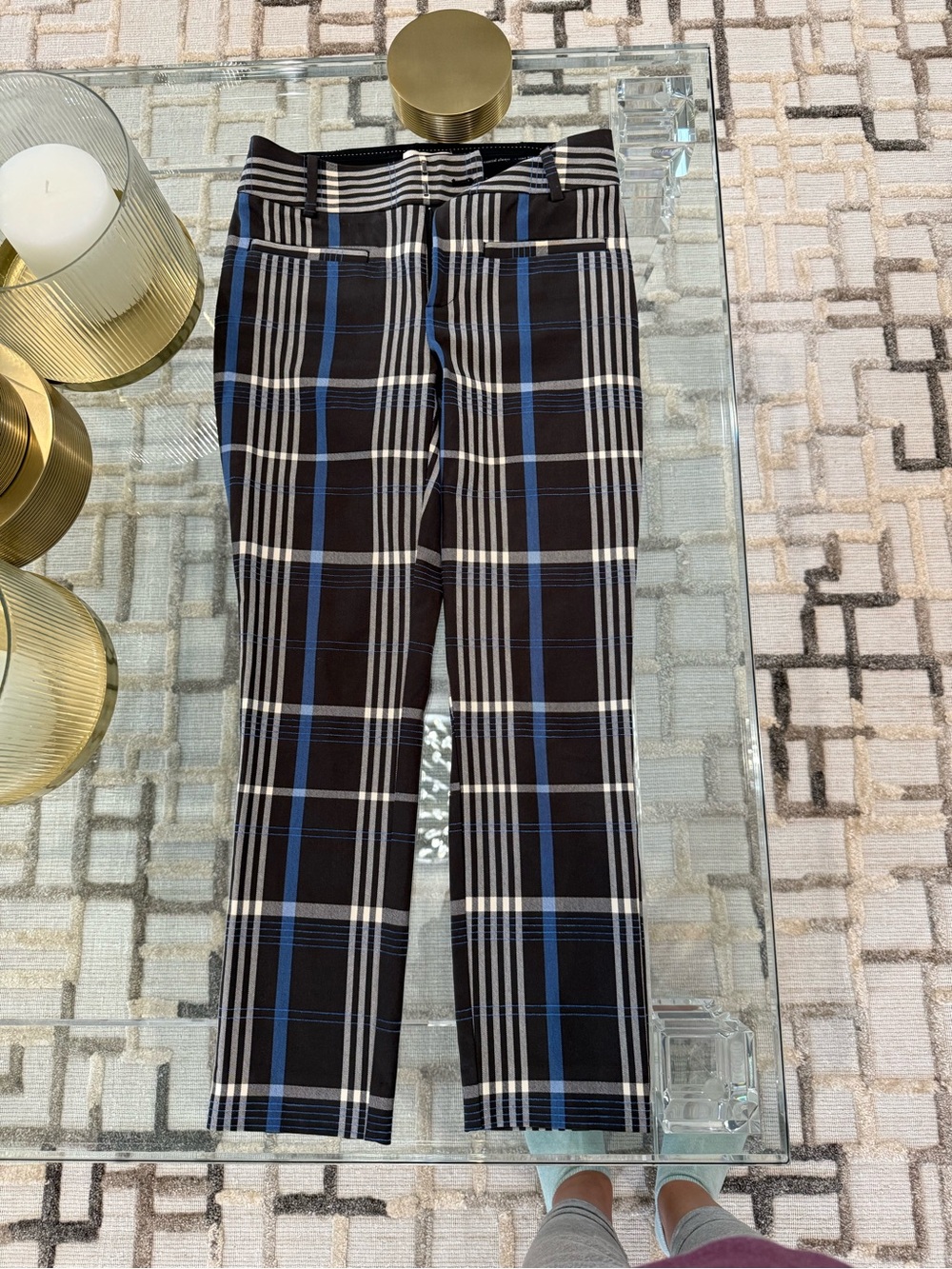 Anthropologie women's Black Plaid Dress Pants with Blue and White Stripes